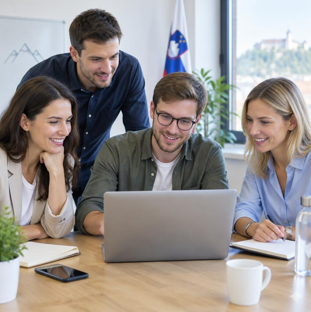 Group of colleagues discussing around a laptop at a table