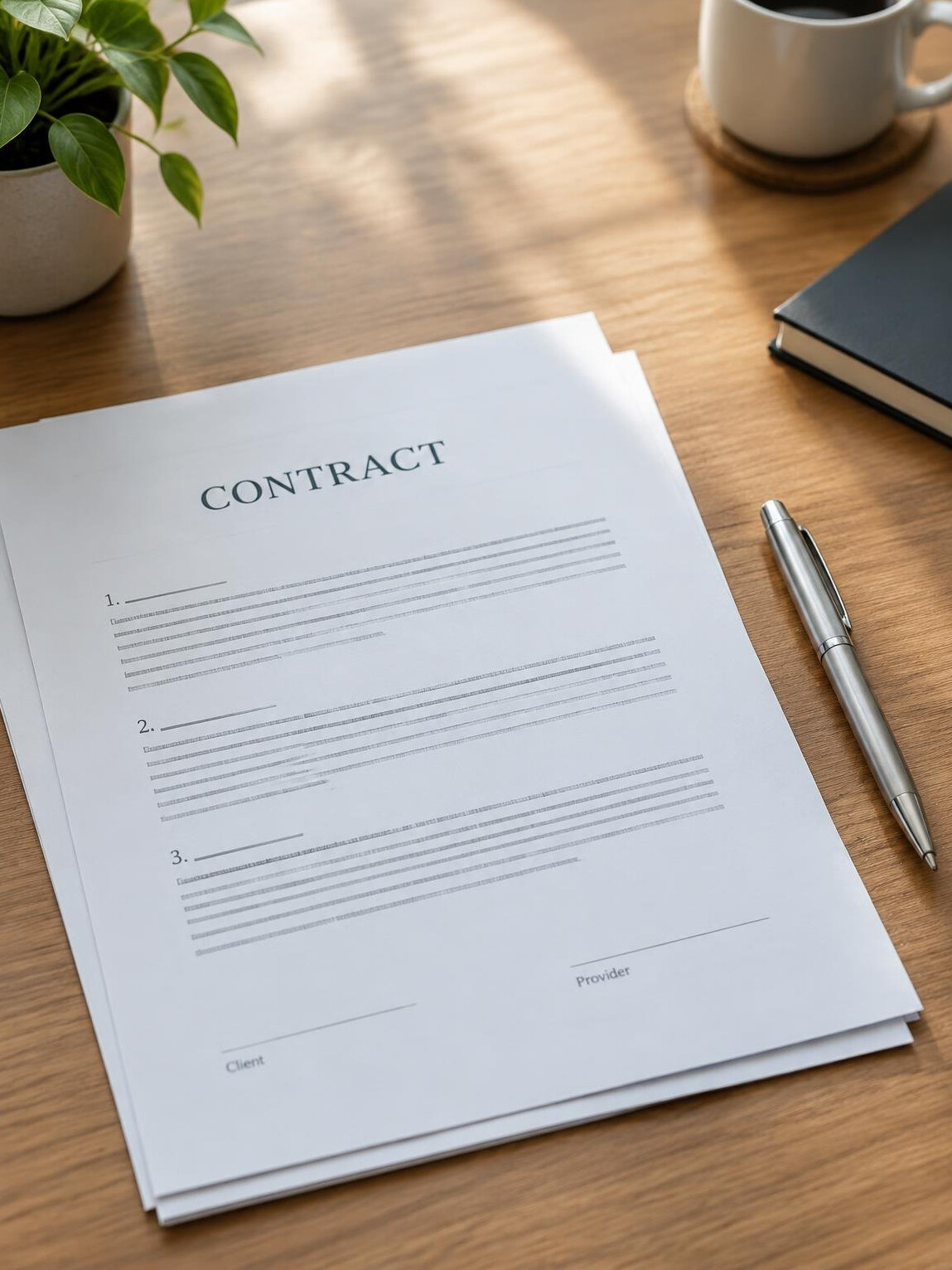 Documents and a pen on a desk ready for contract review
