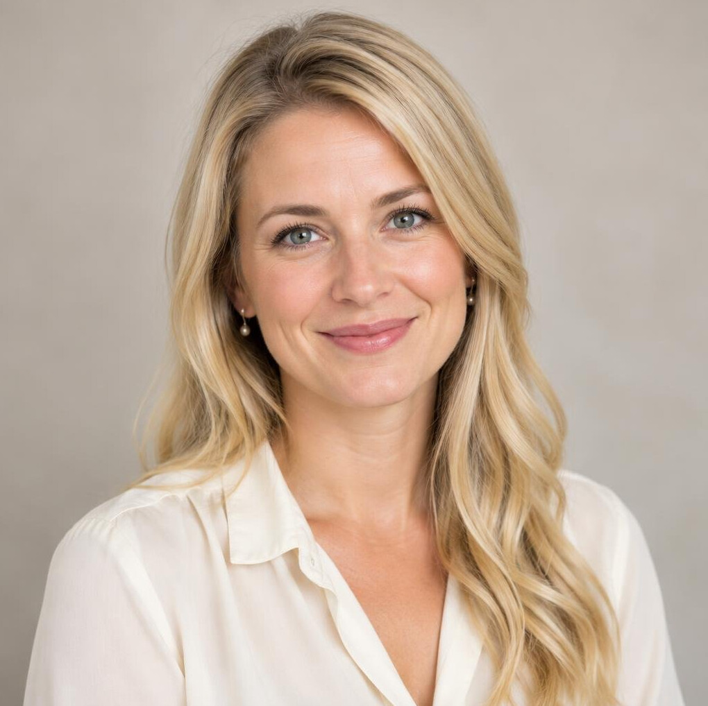 Portrait of a woman with blonde hair and a warm smile