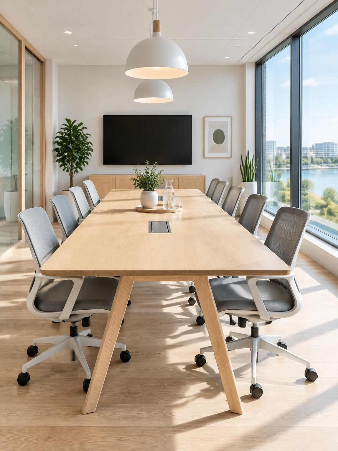 Bright modern meeting room with a long table and chairs