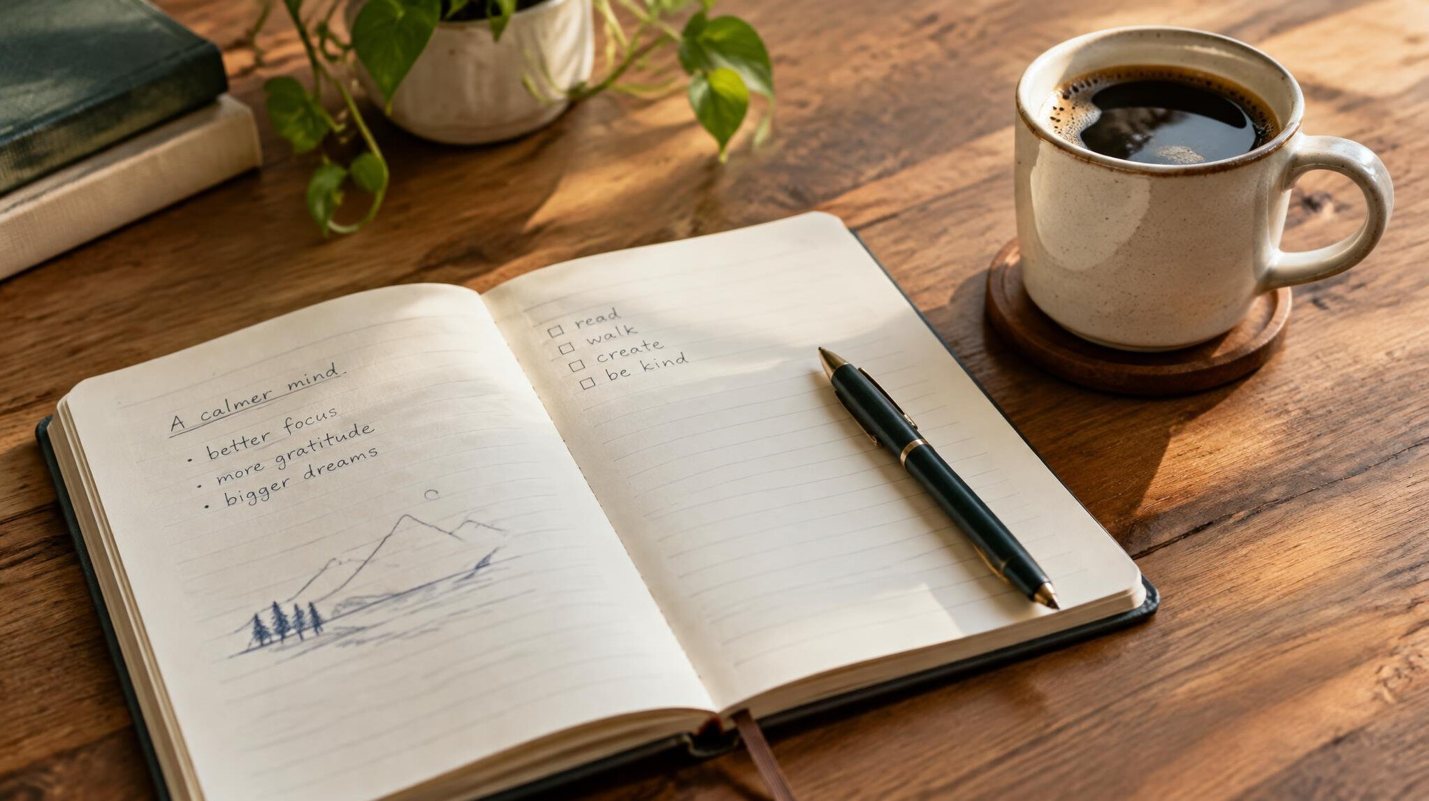 Notebook with handwritten notes and a pen next to a coffee cup