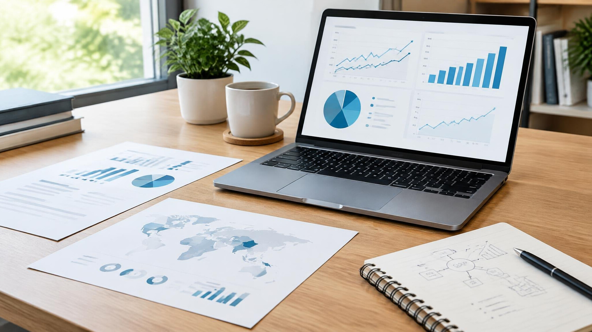 Laptop with charts and documents on a desk for strategy planning